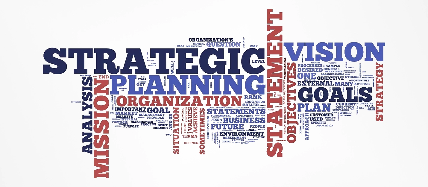 Graphic showing a group of words related to effective strategic plans, including mission, vision, goals, etc.